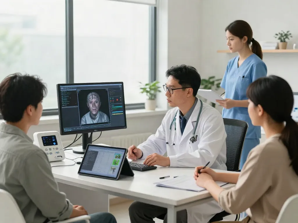 Telestroke consultation with neurologist and patient data in a bright modern hospital.