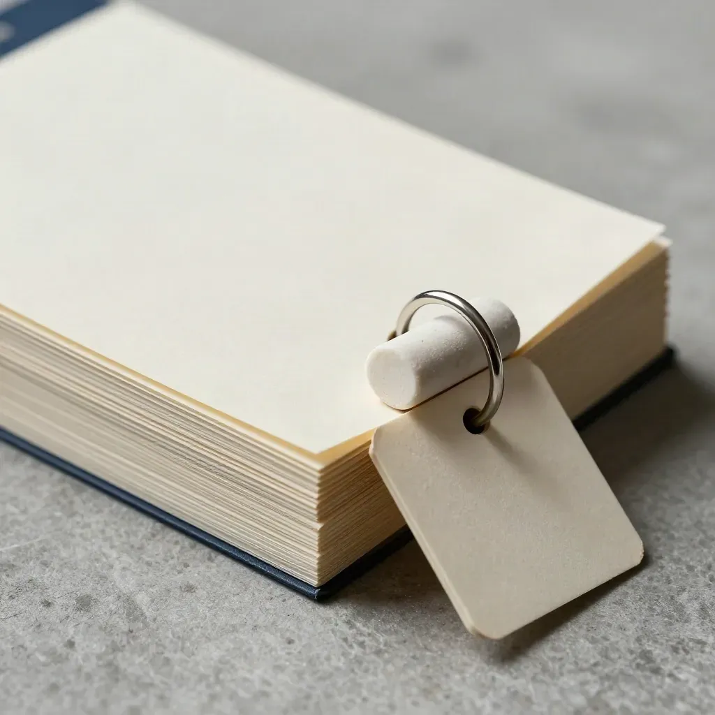 Macro of blank language-study cue cards threaded on a steel ring beside a worn eraser.
