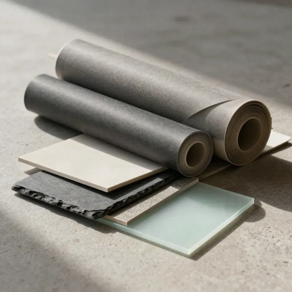 Architecture swatches, tracing paper rolls, slate tile and mint sample on brushed stone