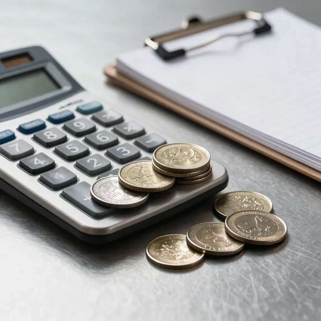 Graphite calculator, leaning coin stack, and face-down notepad on brushed aluminum.