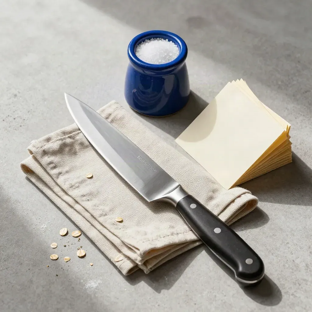 Overhead flat lay of knife, linen, salt cellar and recipe cards on pale concrete.