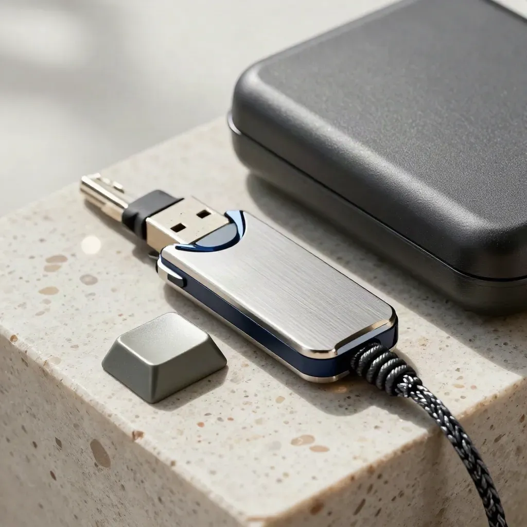 Macro still life of a USB drive, cable tie, keycaps, and hardware case on stone.