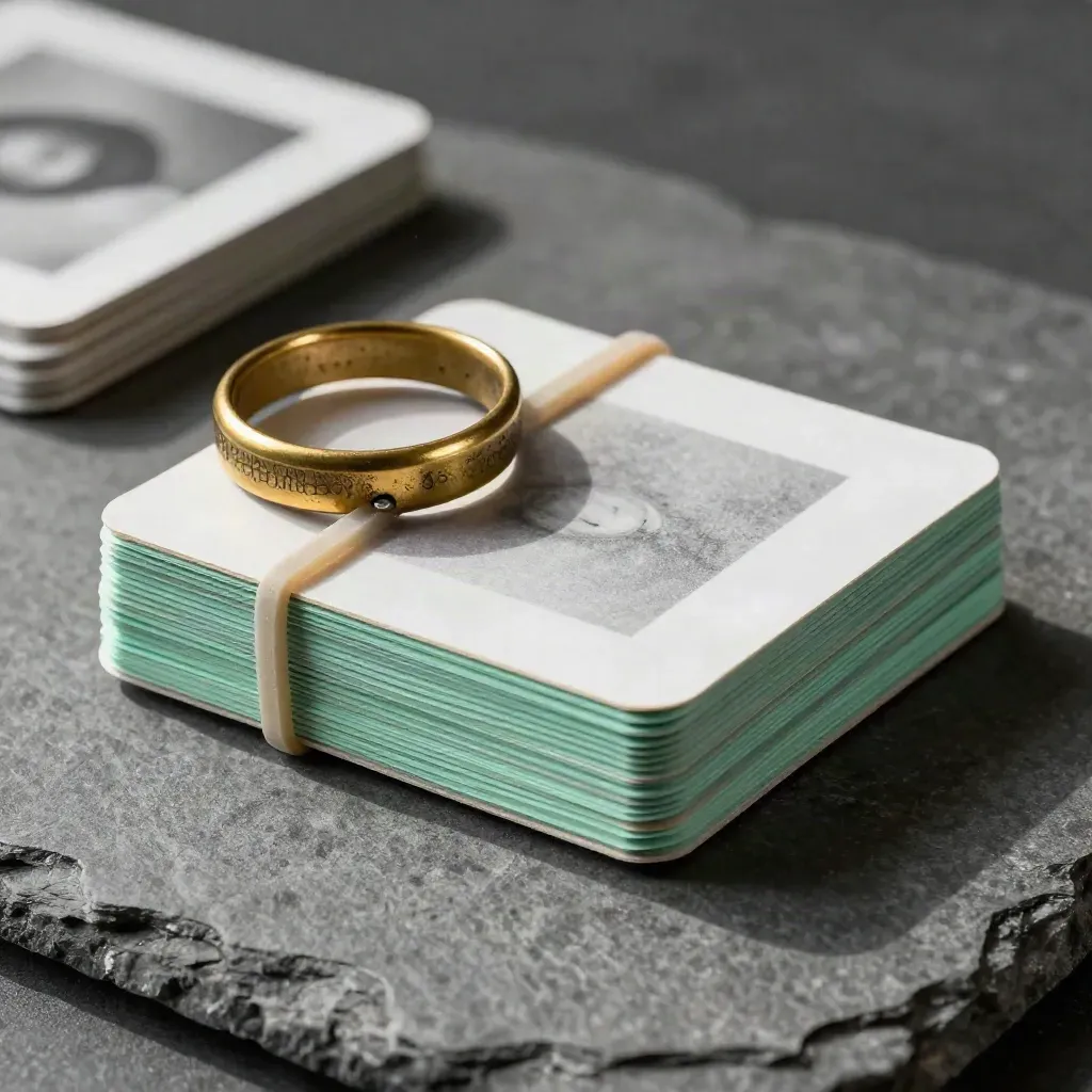 Flashcard deck on brass ring with loose cards and rubber band, one card slipping out