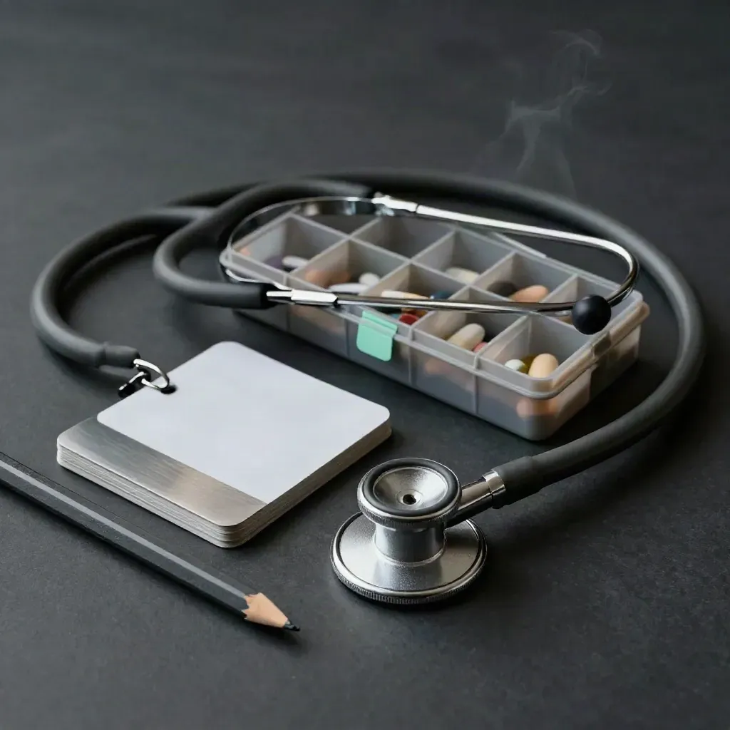 Stethoscope, pill organizer, flashcard ring, and pencil tin on dark slate with dramatic light.
