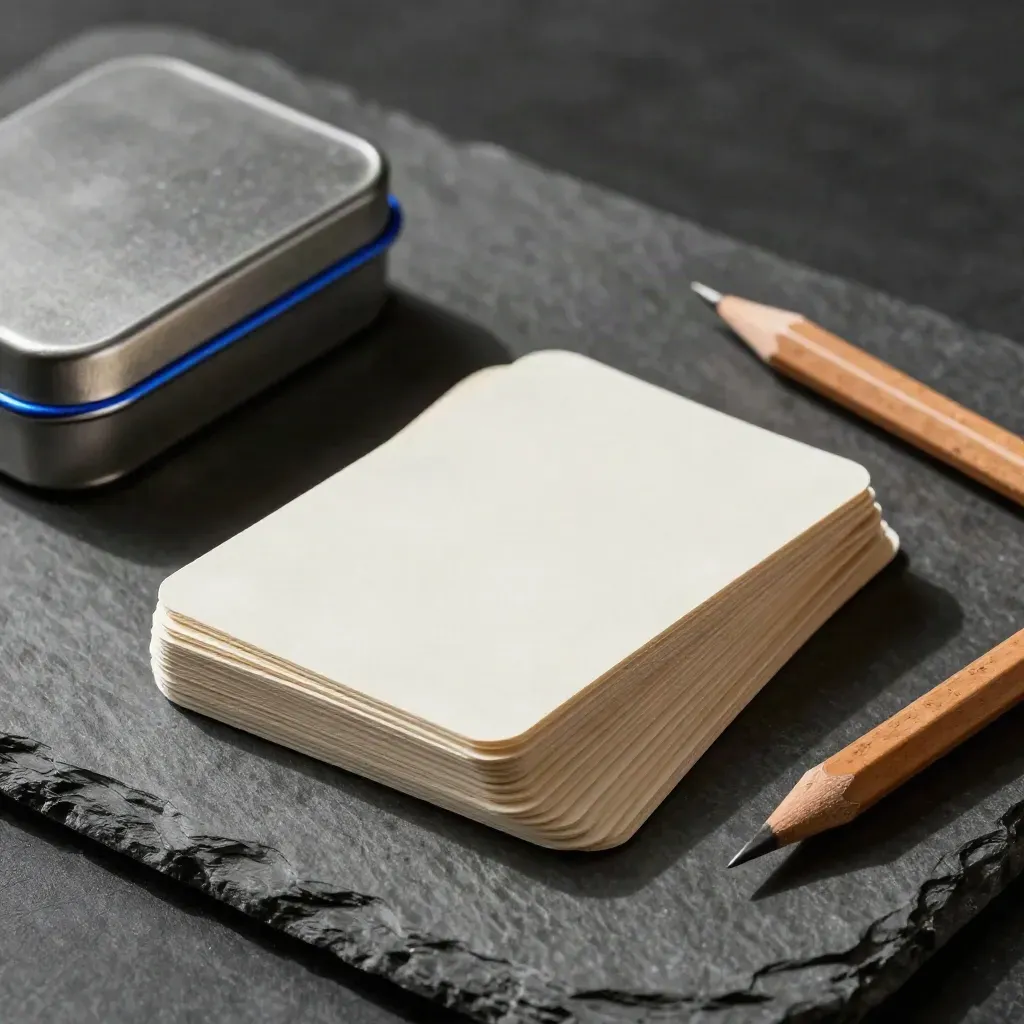 Quiz cards fanned beside a metal tin and pencil stub on dark stone under dramatic side light.