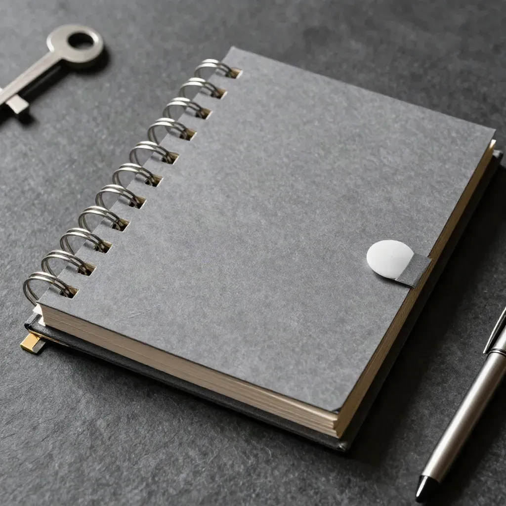 Macro of a ring-bound study planner with tabs and a countdown disc on graphite stone.