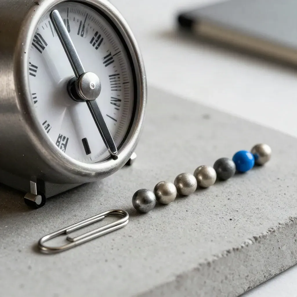 Macro of a tally counter with paperclips and scoring tokens on concrete.