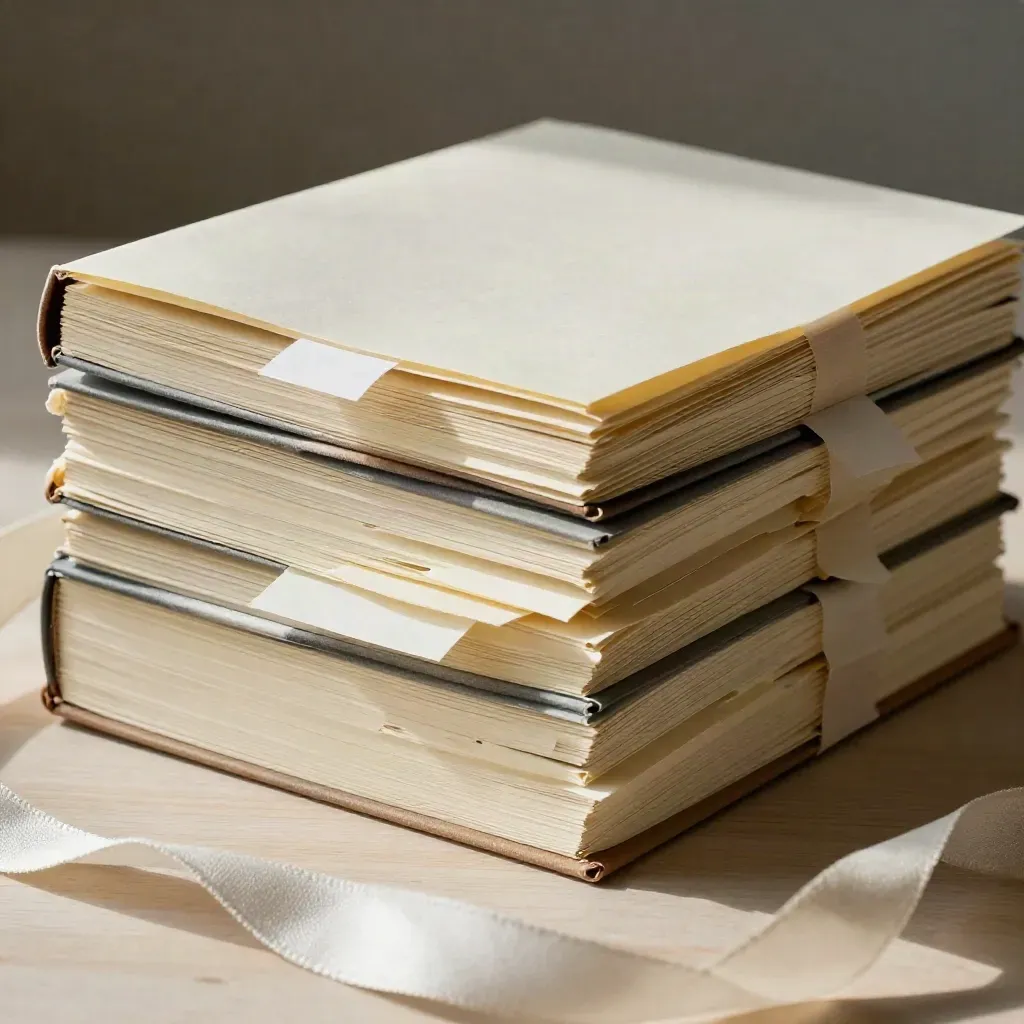 A folded study notebook with tabs and torn strips on pale wood in dramatic light.