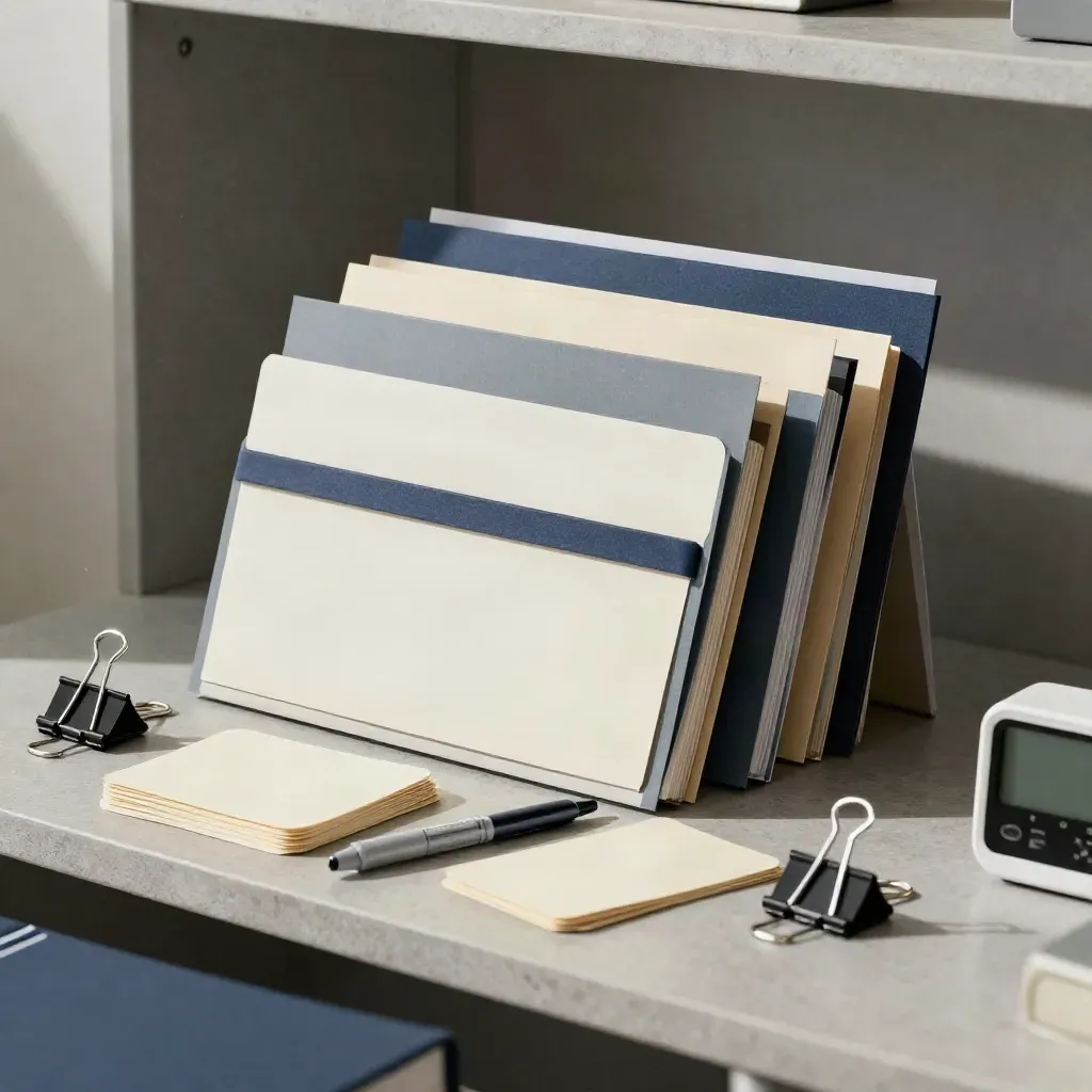 Tutors’ folders, flashcard ring, correction pen and timer on a stone shelf in dramatic light.