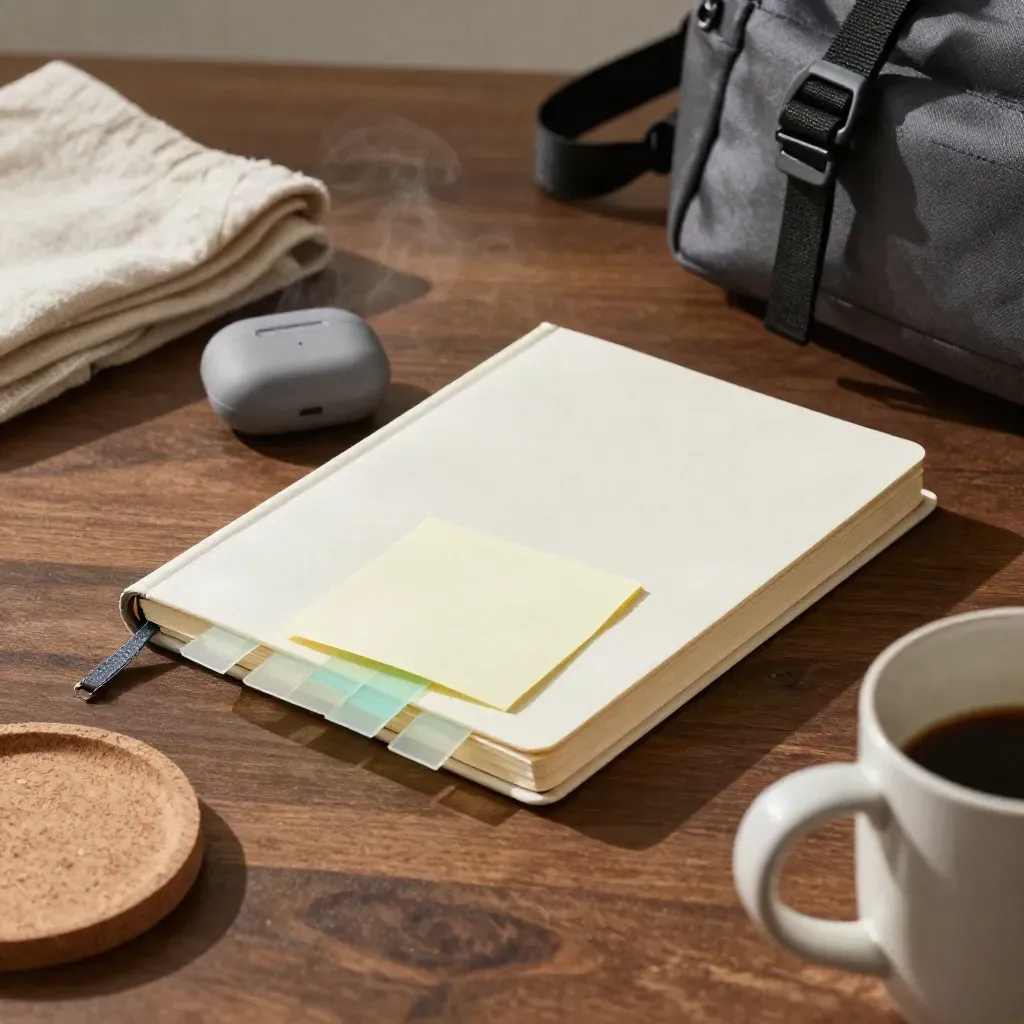 Close-up of a student desk cluster with notebook, earbuds case, mug rim, tabs and backpack strap.