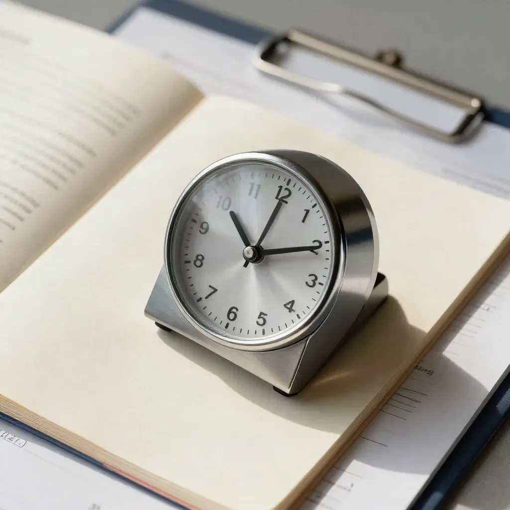 Overhead chrome timer with booklet and test sheet on brushed metal, navy tab, soft daylight.