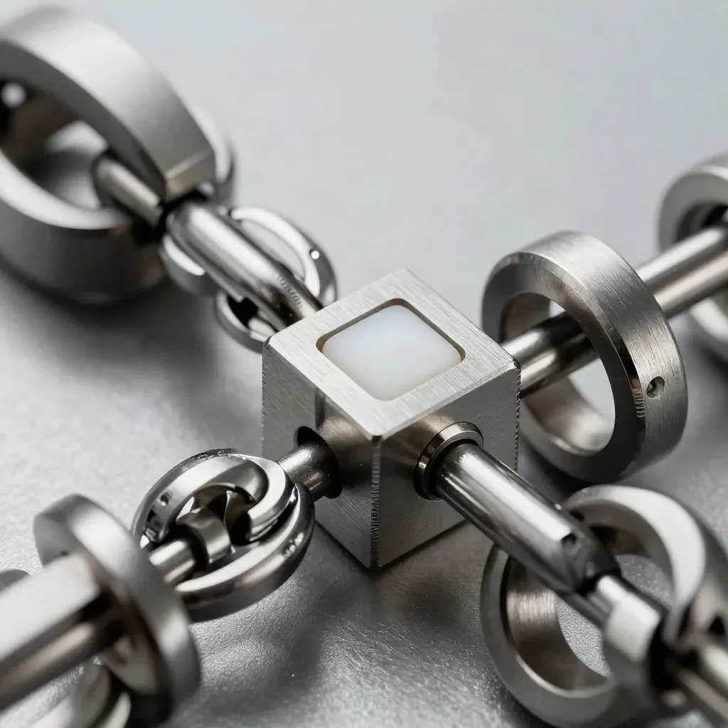 Macro of steel rings pulling a precision connector block into alignment on graphite.