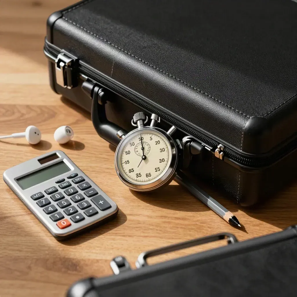Open exam prep case with stopwatch, earplugs, calculator, and pencil pouch on oak.