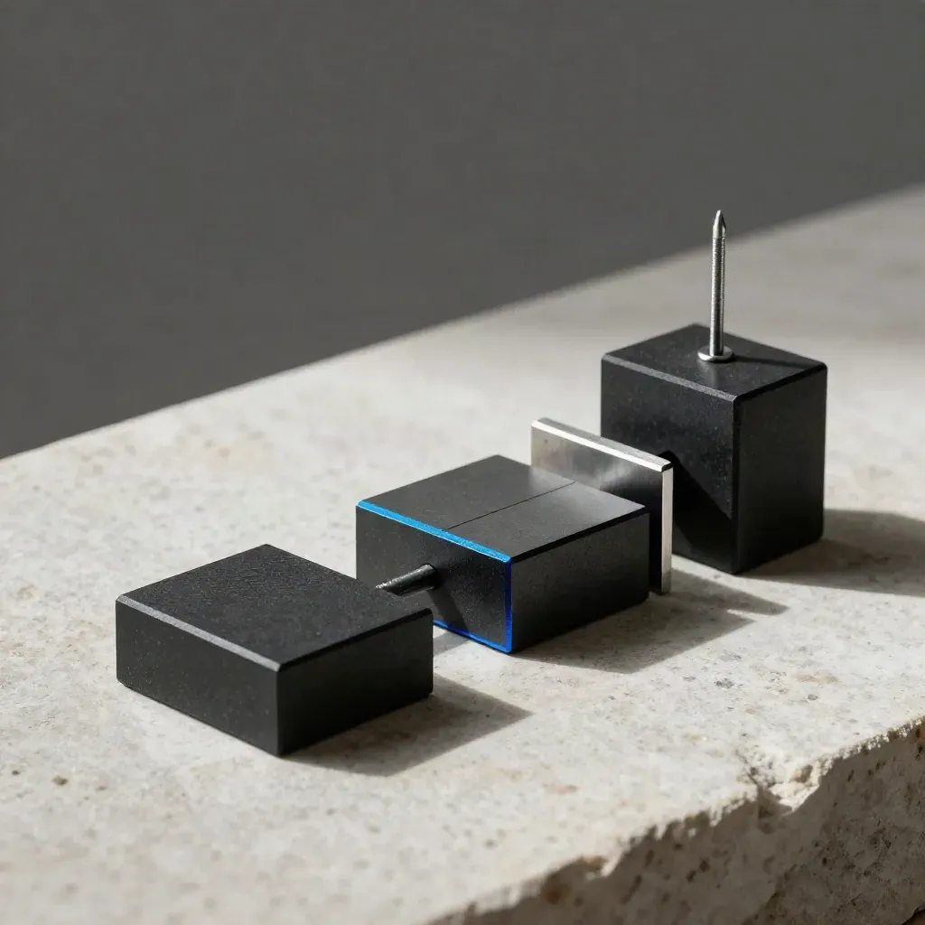 Black modular blocks, a dovetail joint sample, and a steel pin on pale stone with a blue accent.