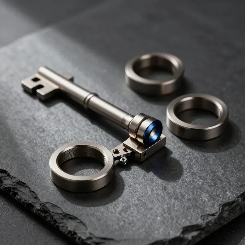 Overhead still life of precision connectors, clamp rings, and a slim hinge on charcoal stone.