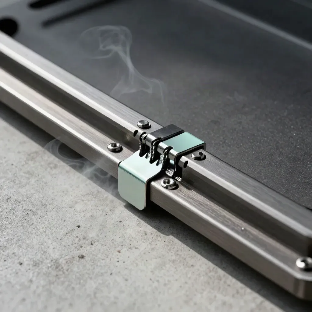 Close-up of interlocking steel plates and fasteners with a mint accent in low directional light