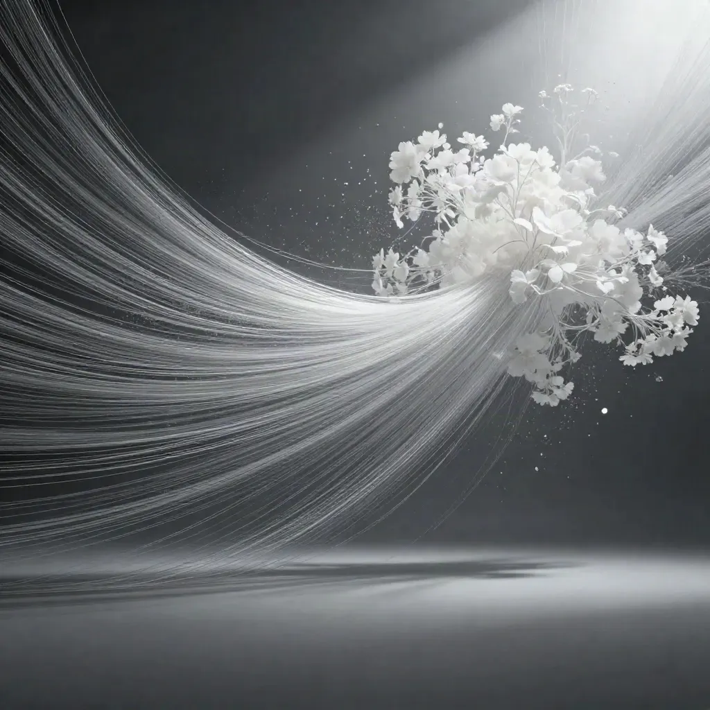 Silver light filaments converge into a white bloom in dark graphite haze.